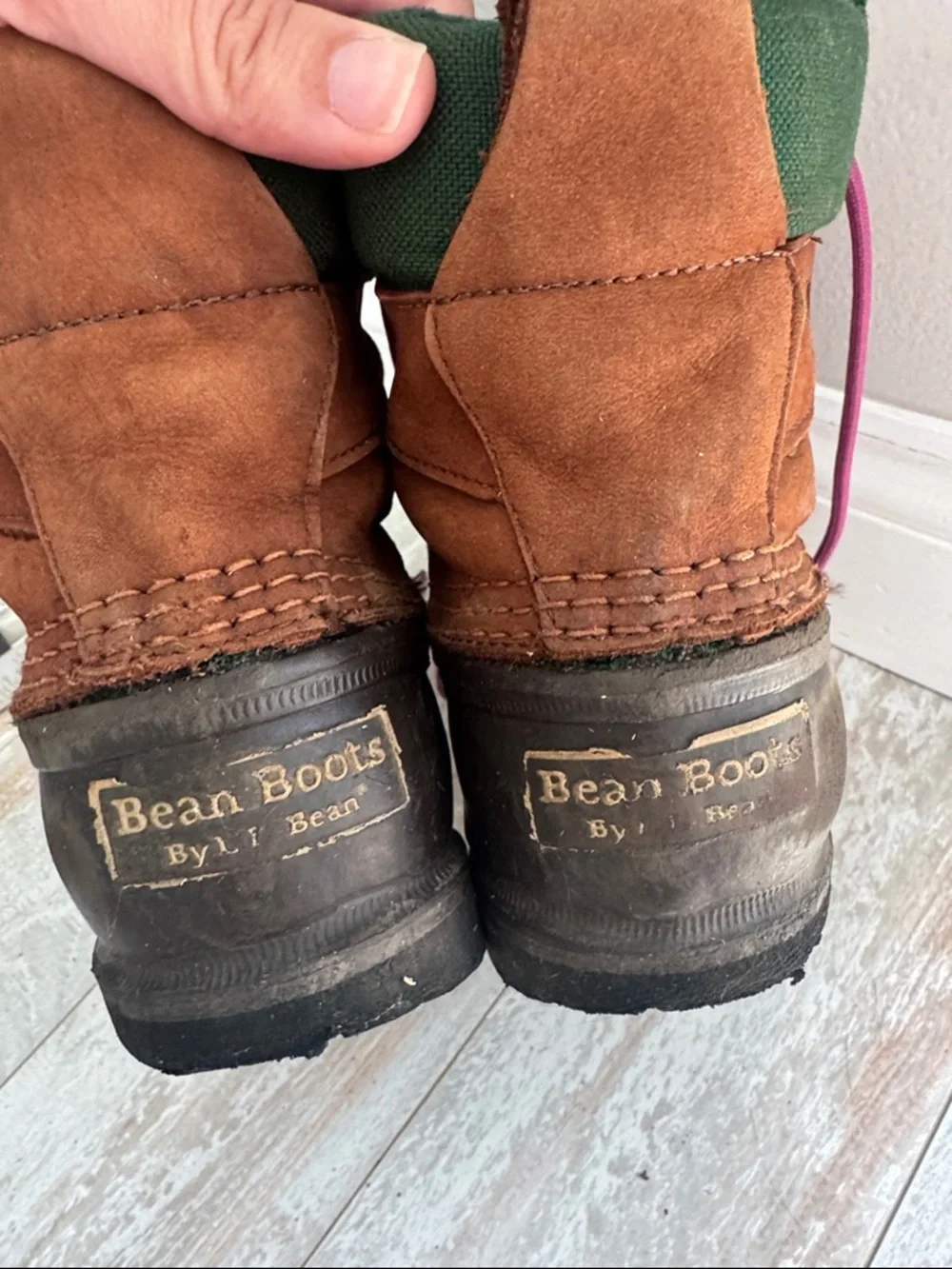 L.L. Bean Cushion Top Bean Boots  Brown leather with green canvas accents